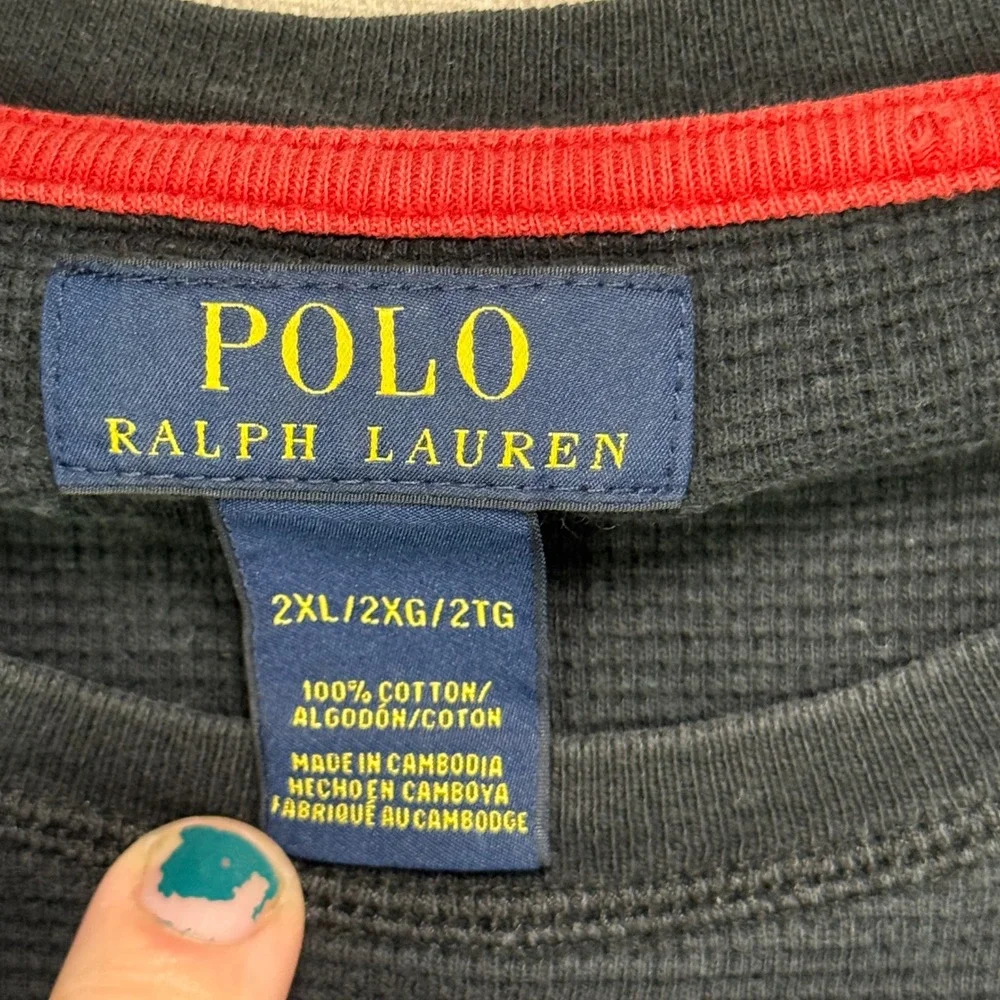 Polo Ralph Lauren Mens 2XL Black Waffle Knit Thermal Long Sleeve Shirt Red Pony